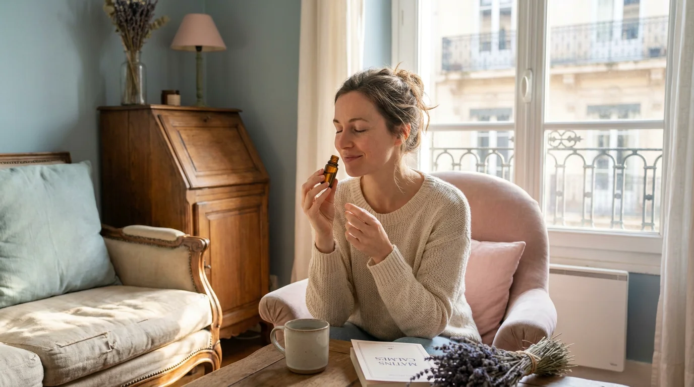 Personne européenne pratiquant un rituel d'ancrage olfactif chez elle en France