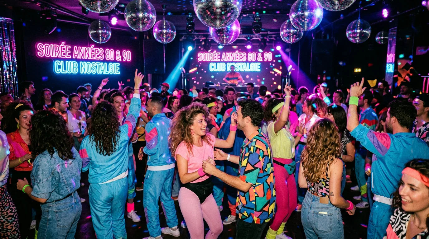 Foule dansant lors d'une soirée rétro aux lumières fluo