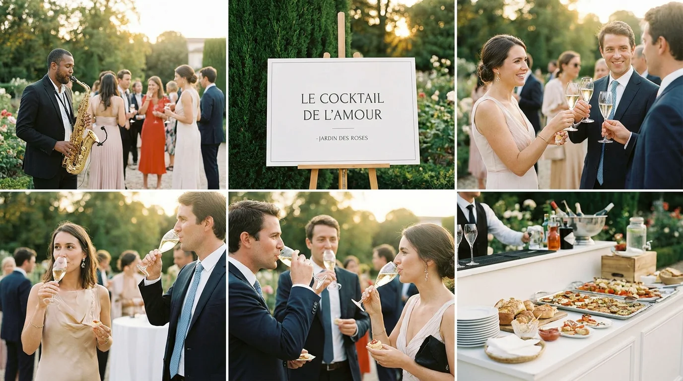 Saxophoniste animant un cocktail de mariage en extérieur dans un jardin français
