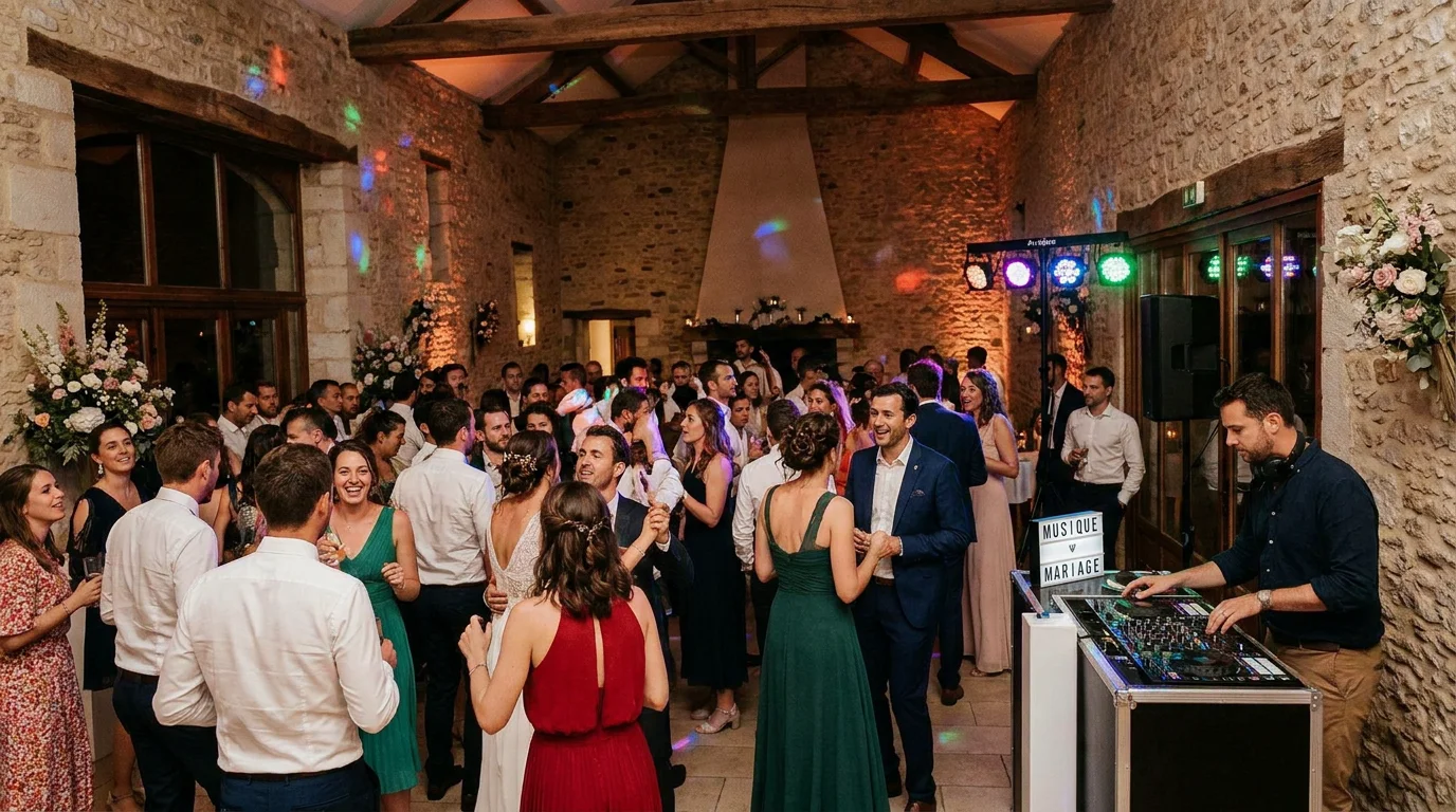 Invités dansant lors de la soirée dansante d'un mariage animée par un DJ professionnel