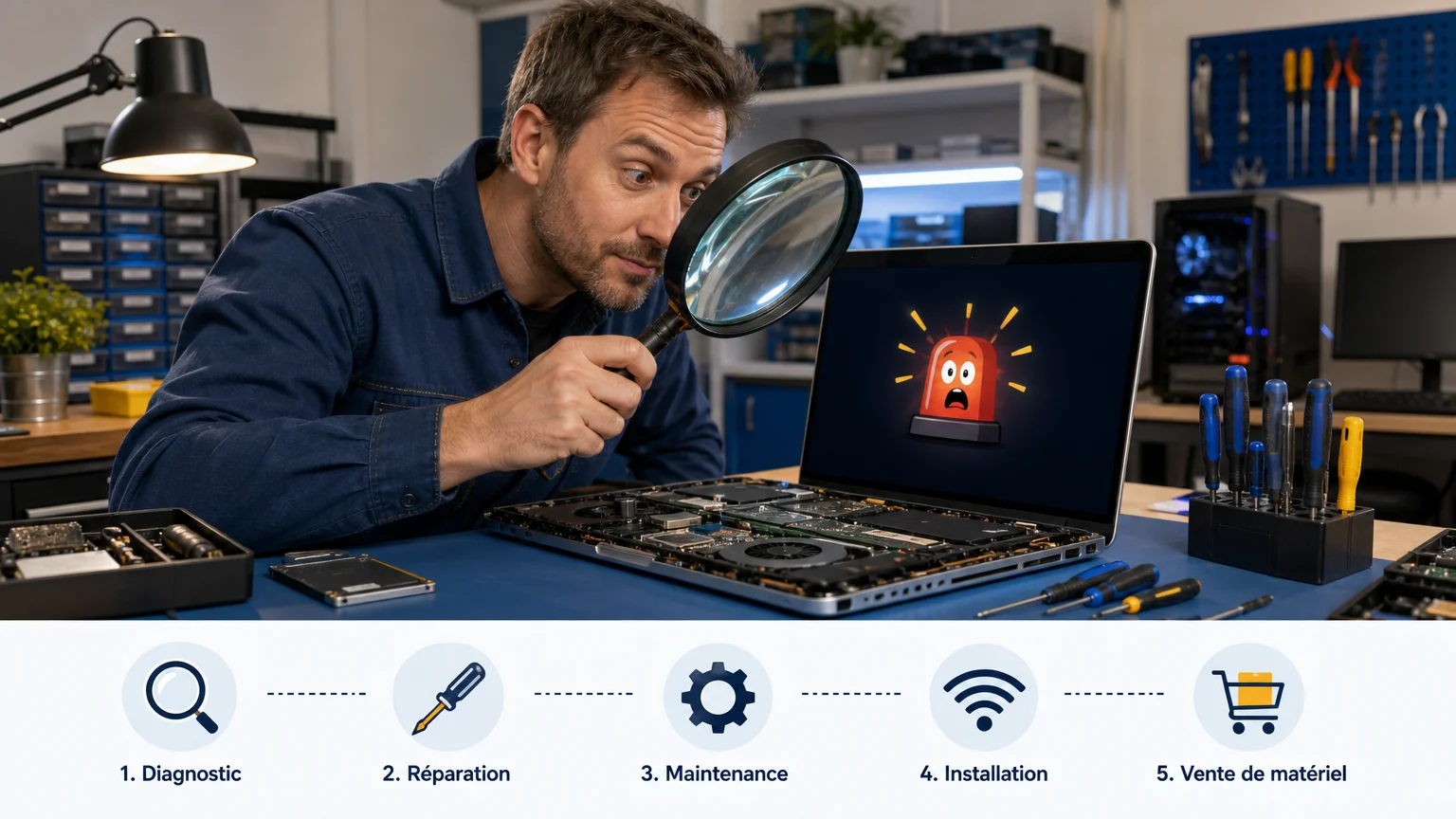Technicien européen examinant avec humour un ordinateur portable ouvert dans un atelier informatique