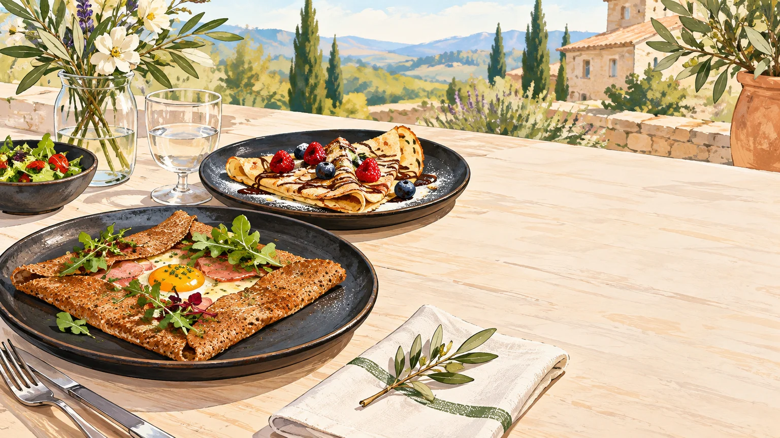 Galette salée et crêpe sucrée servies lors d’une réception en Provence