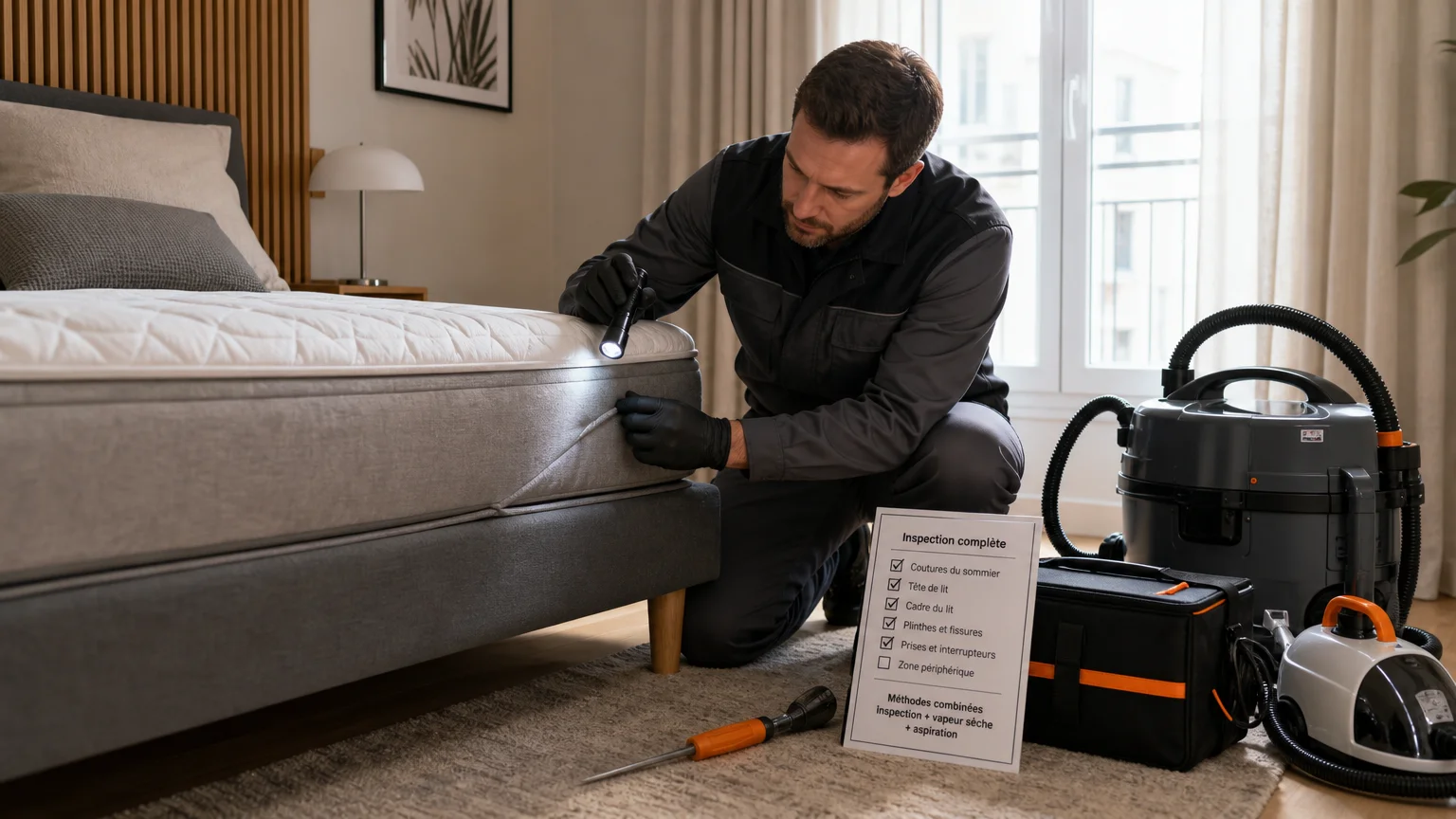 Technicien inspectant une chambre avant un traitement combiné contre les punaises de lit