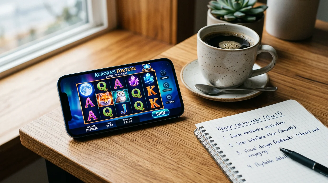 Smartphone showing an online slot game beside a notepad on a desk