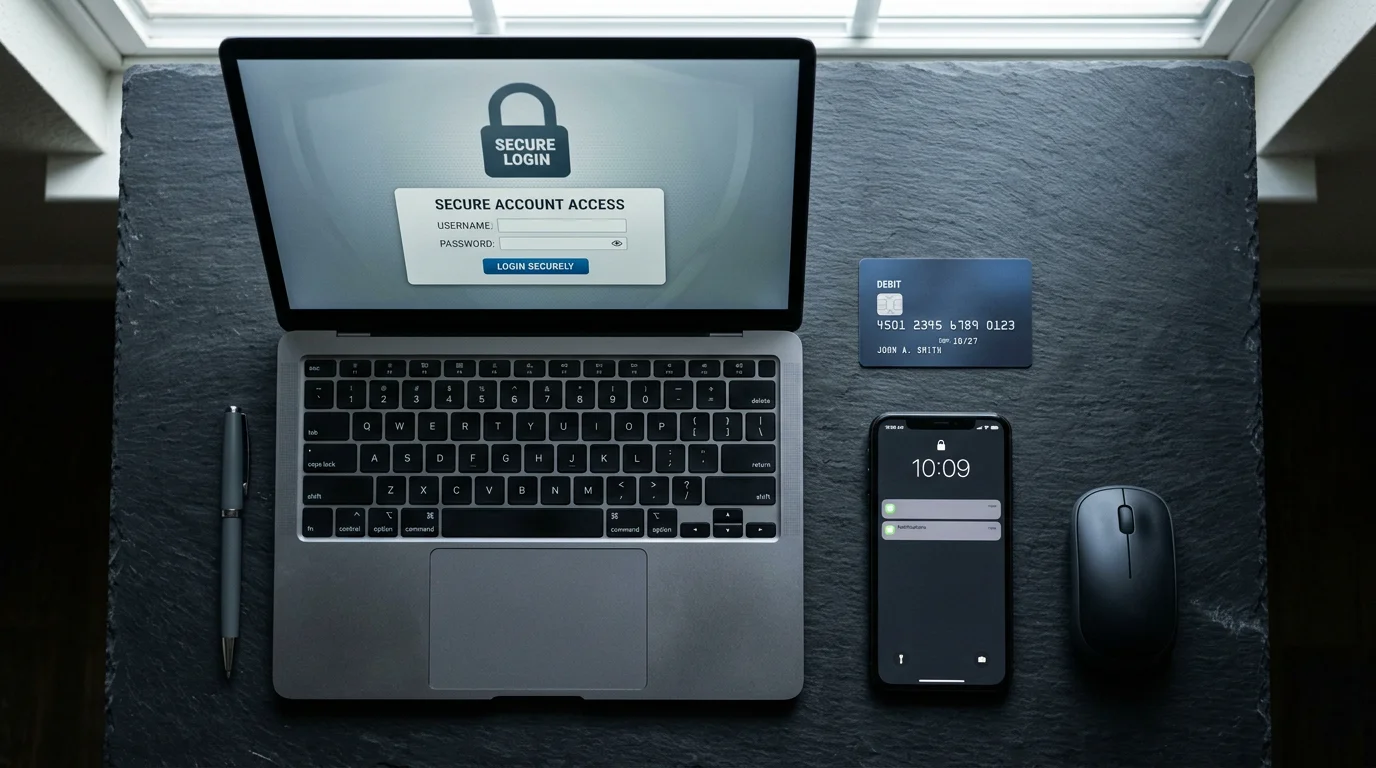 Laptop with secure login screen beside a bank card and phone