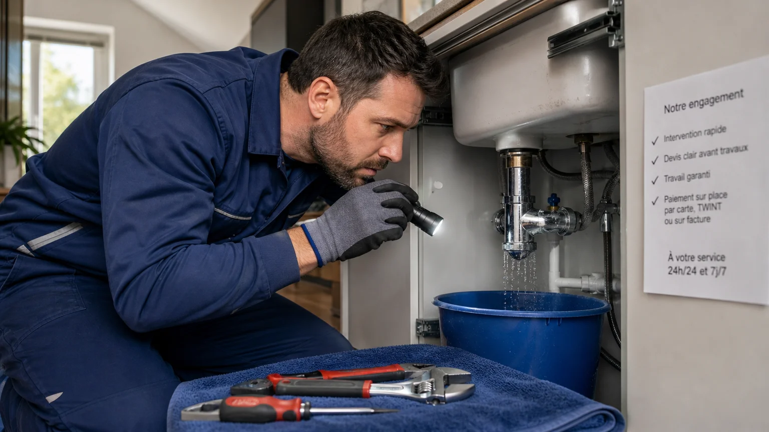 Plombier professionnel inspectant une fuite sous un évier lors d'un dépannage