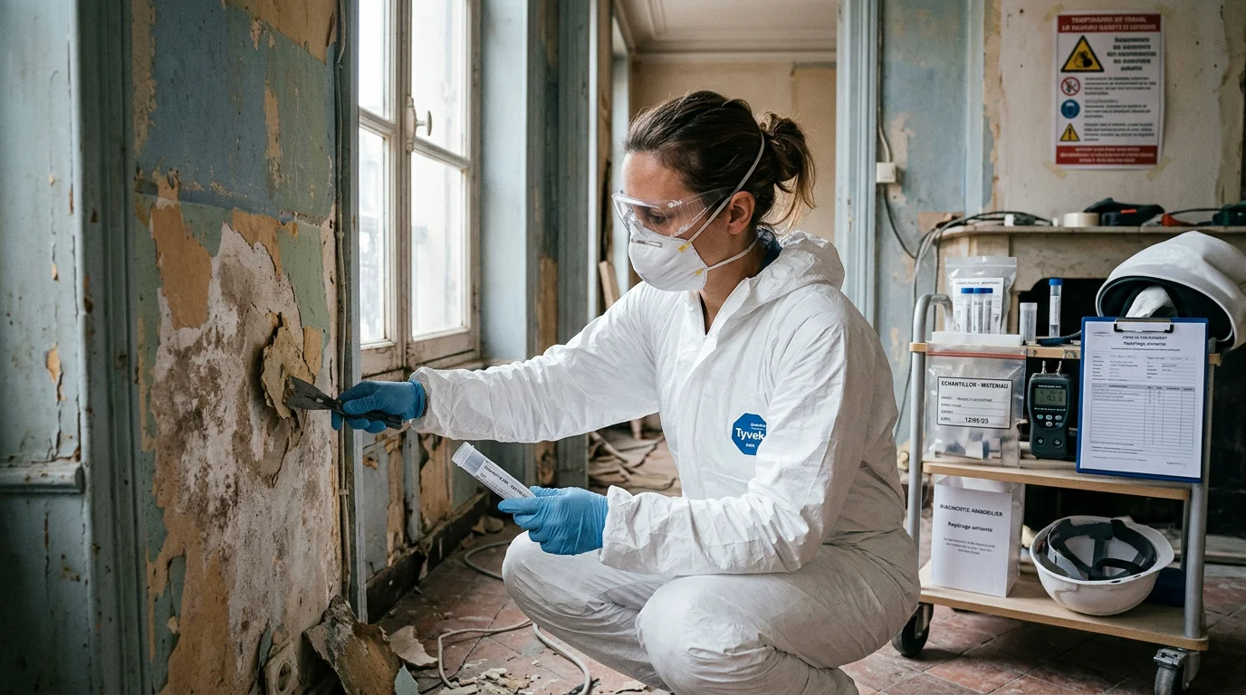 Diagnostiqueur prélevant un échantillon lors d'un repérage amiante avant travaux