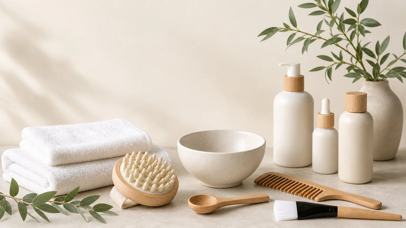 Accessoires professionnels disposés pour un rituel Head Spa