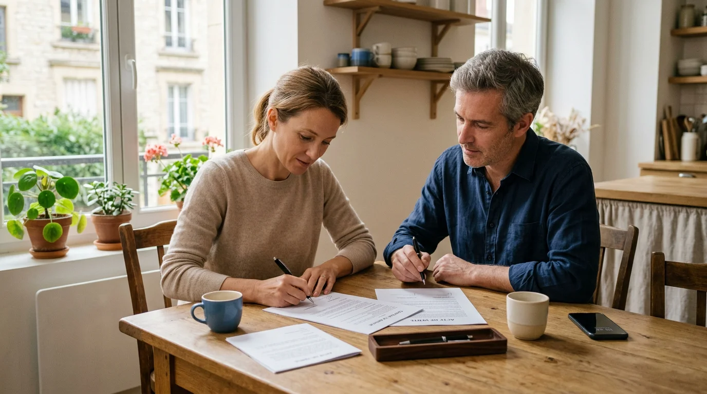 Deux parents employeurs signant le contrat de travail d'une assistante maternelle
