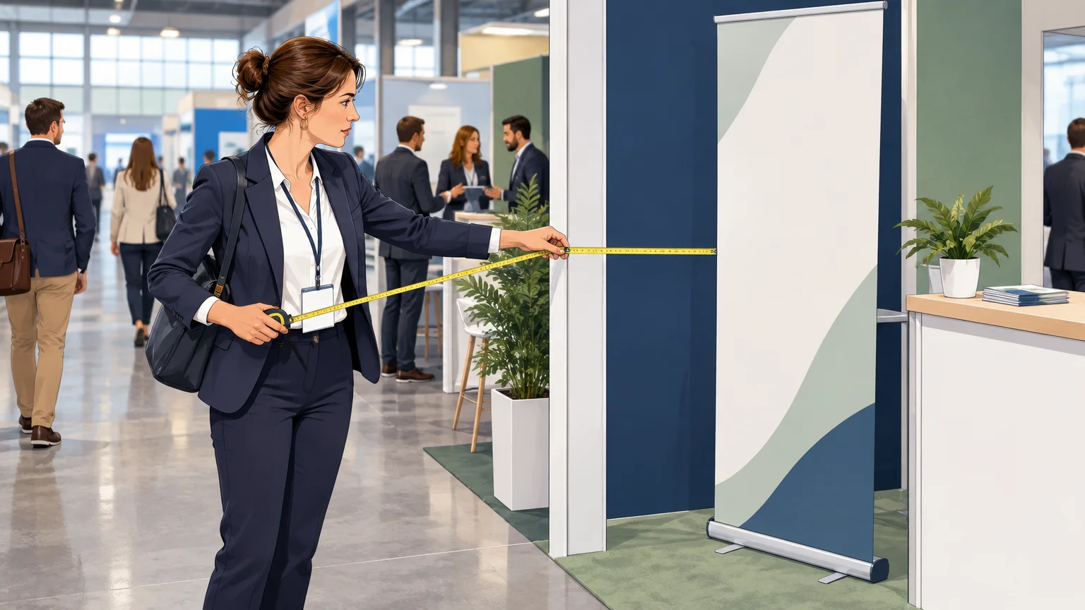 Une responsable mesure l’espace disponible pour installer un roll-up