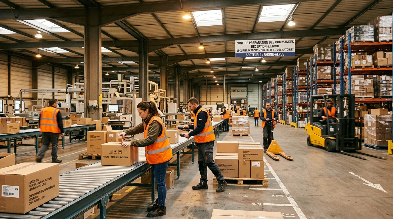 Chaîne logistique dans un entrepôt avec des opérateurs européens préparant des livraisons