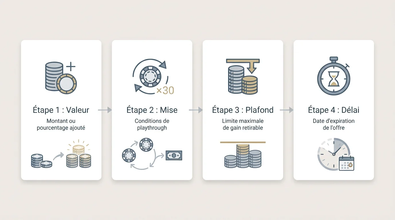 Infographie des quatre étapes pour évaluer un bonus de casino sans dépôt