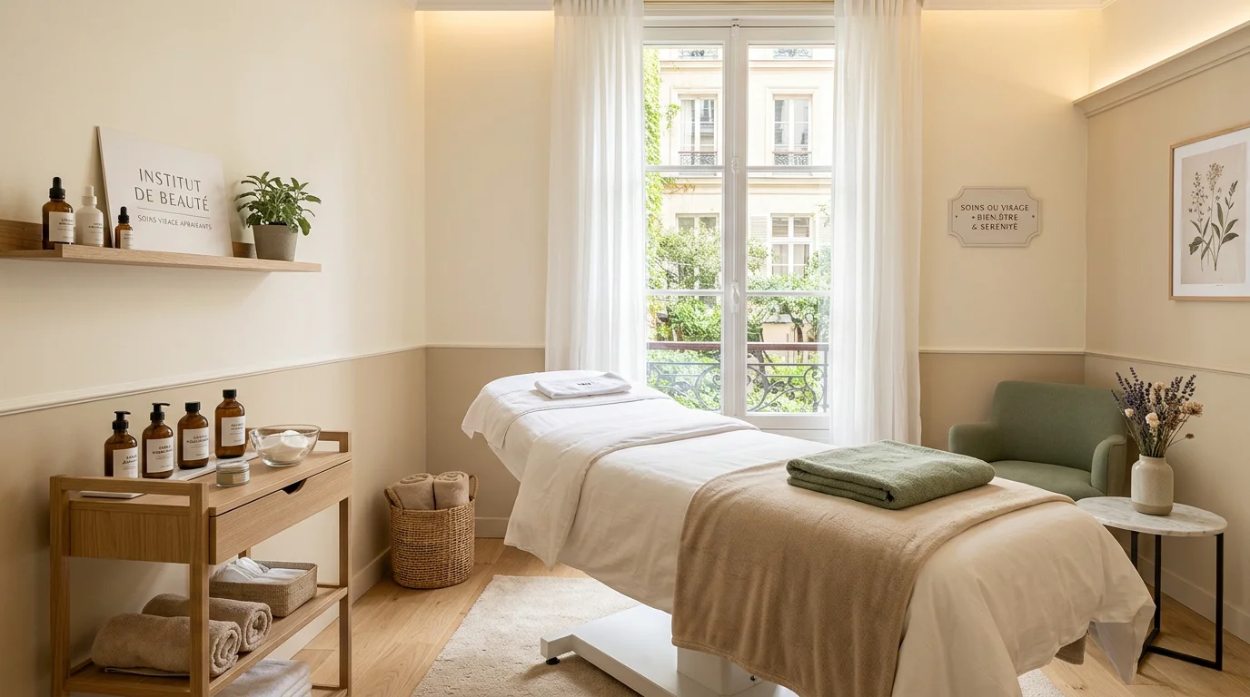 Intérieur épuré d'un institut de beauté prêt pour un soin visage