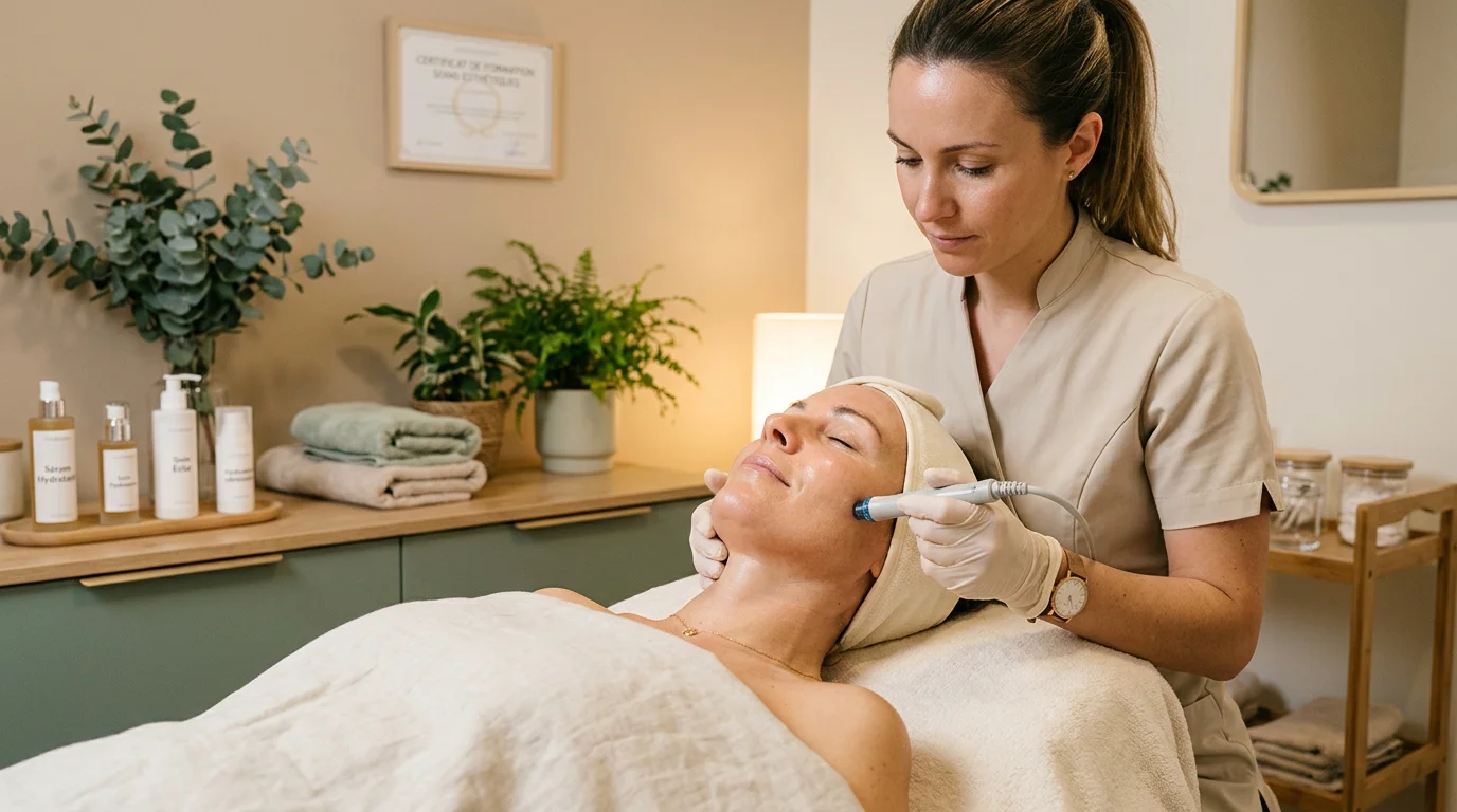 Esthéticienne réalisant un soin visage par hydra-dermabrasion sur une cliente
