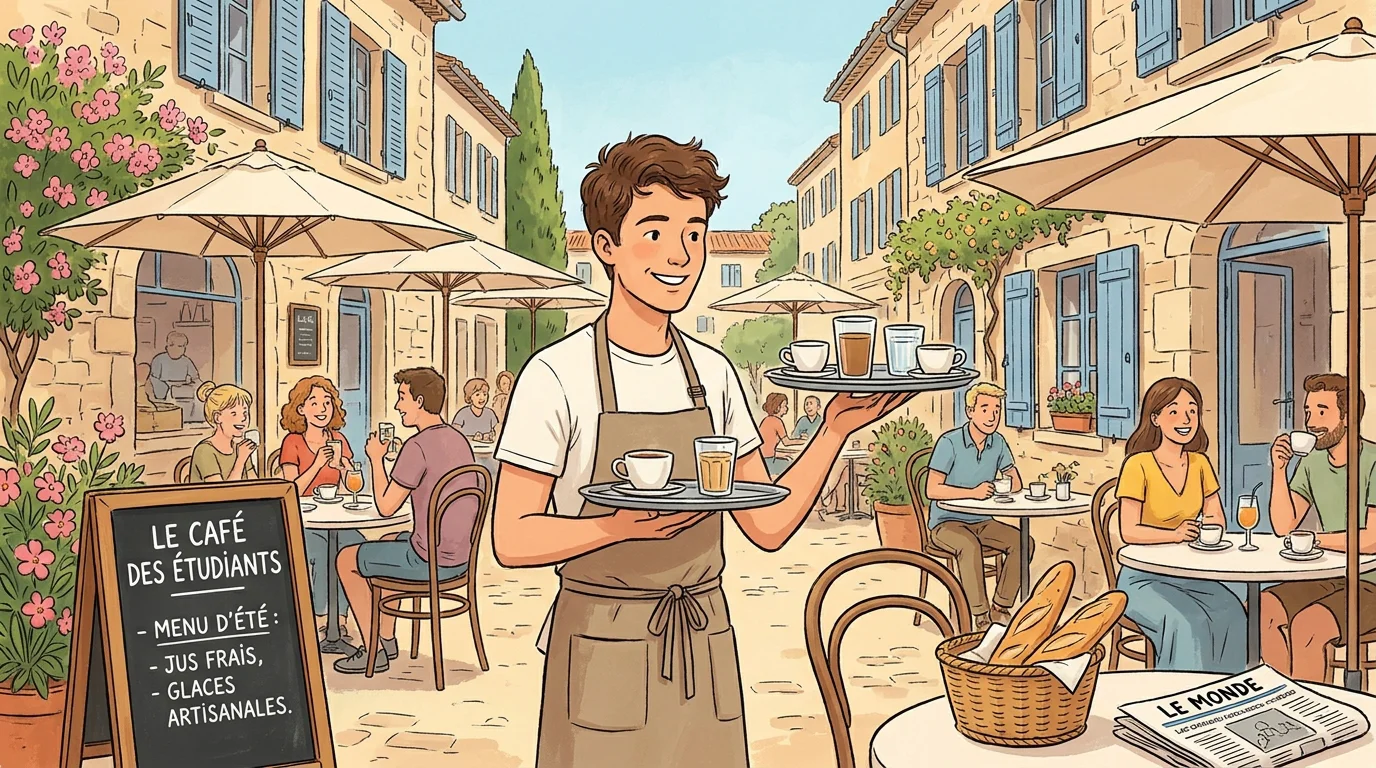 Étudiant travaillant comme serveur en terrasse pendant l'été en France