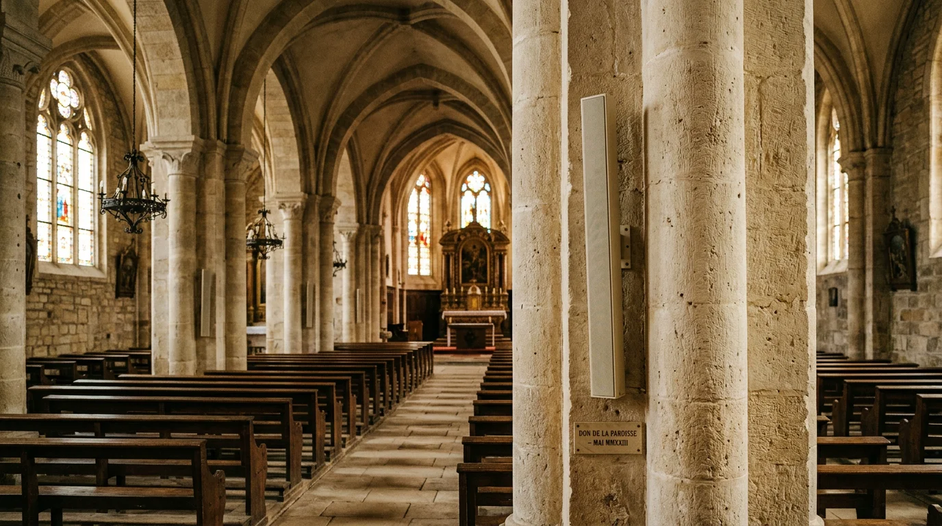 Colonne acoustique fixée sur un pilier dans une nef d'église