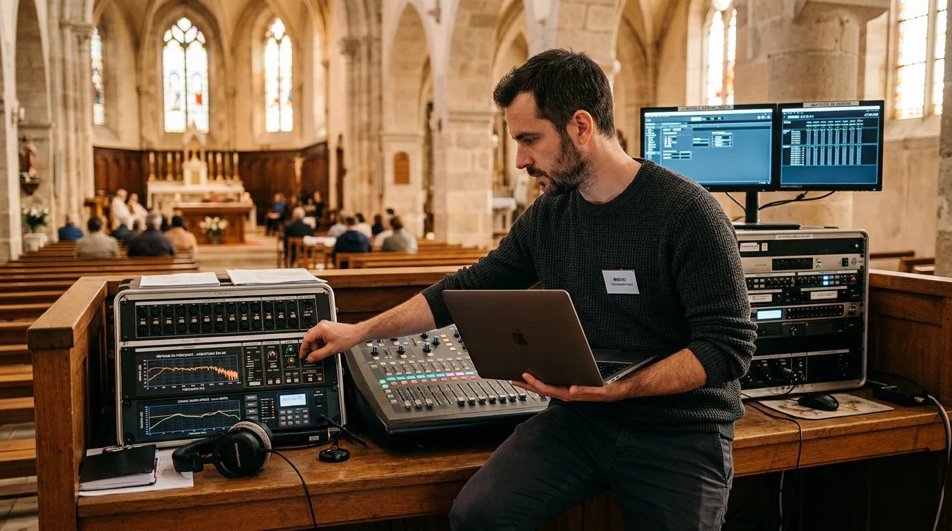 Technicien réglant un processeur de signal audio dans une église