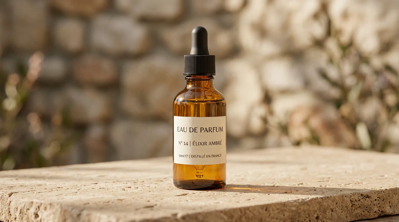 Flacon de parfum en extrait concentré posé sur une surface en pierre