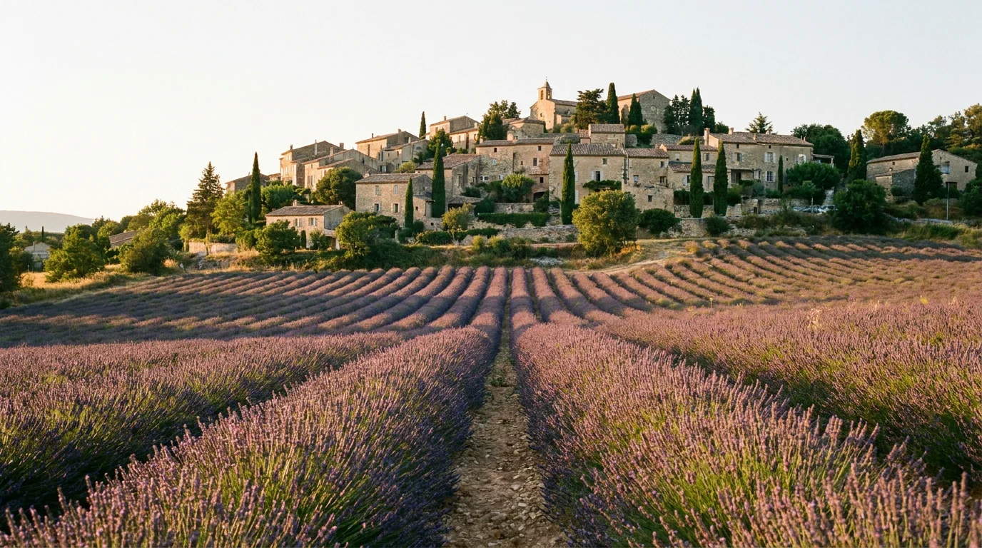 Paysage de lavande et village perché dans le Luberon en Provence