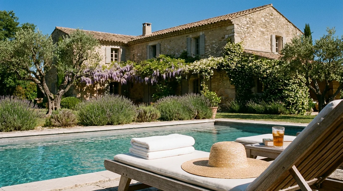 Piscine extérieure dans un cadre provençal avec oliviers et ciel bleu