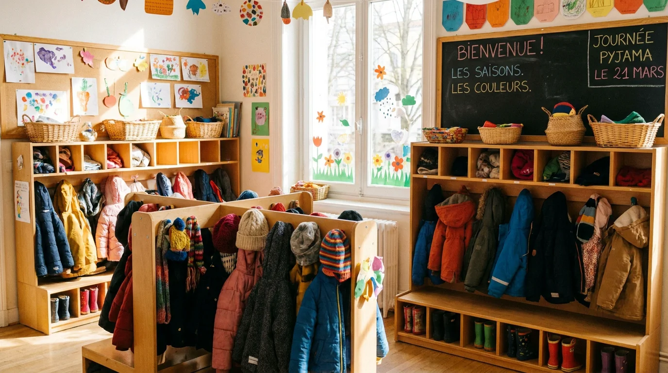 Vestiaire de maternelle avec porte-manteaux colorés à hauteur d'enfant