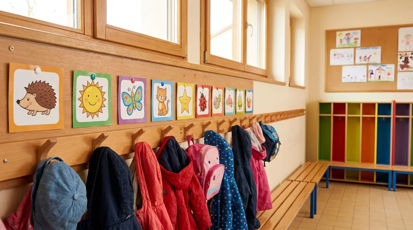 Étiquettes personnalisées avec pictogrammes sur un porte-manteau de maternelle