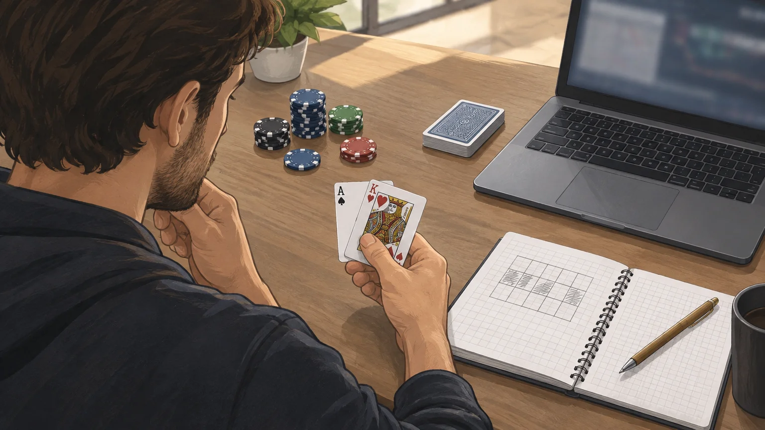 Une personne révise une main de poker avec des cartes, des jetons et un carnet ouvert.