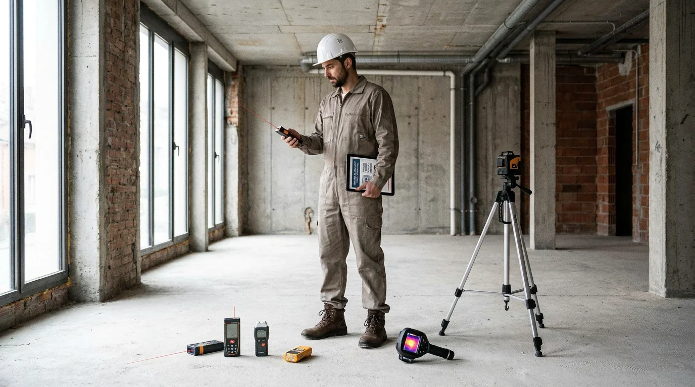 Diagnostiqueur immobilier réalisant un contrôle dans un local commercial