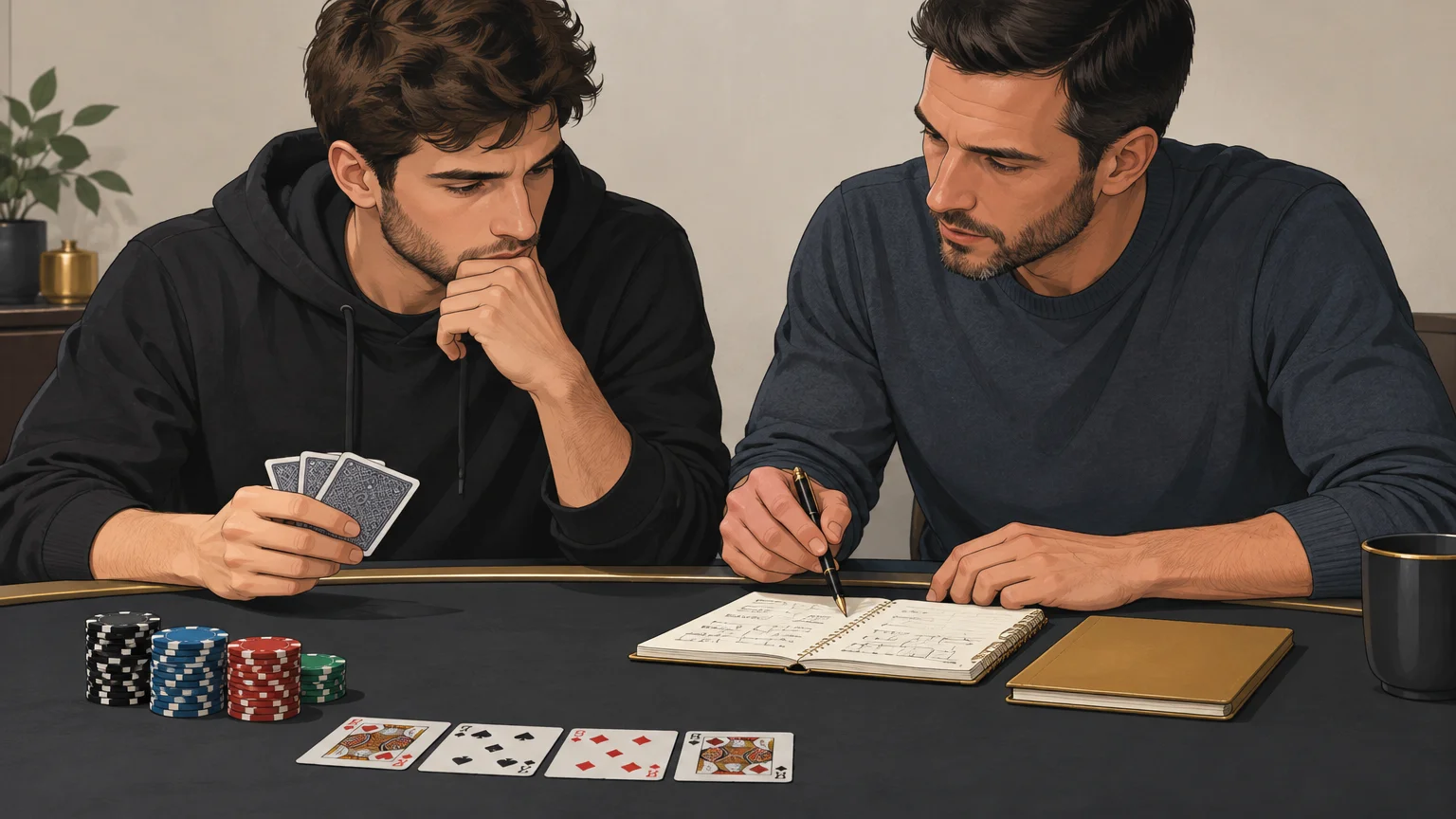 Un joueur et un coach examinent ensemble des cartes et des notes de mains.