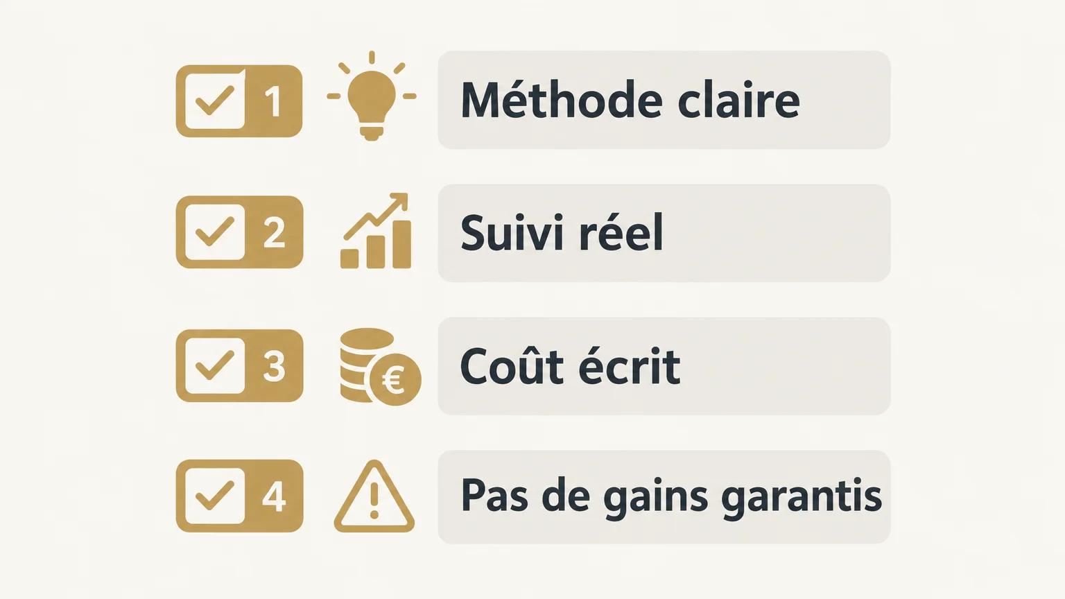 Liste de contrôle illustrée pour examiner la méthode, le suivi, le coût et les promesses de gains.