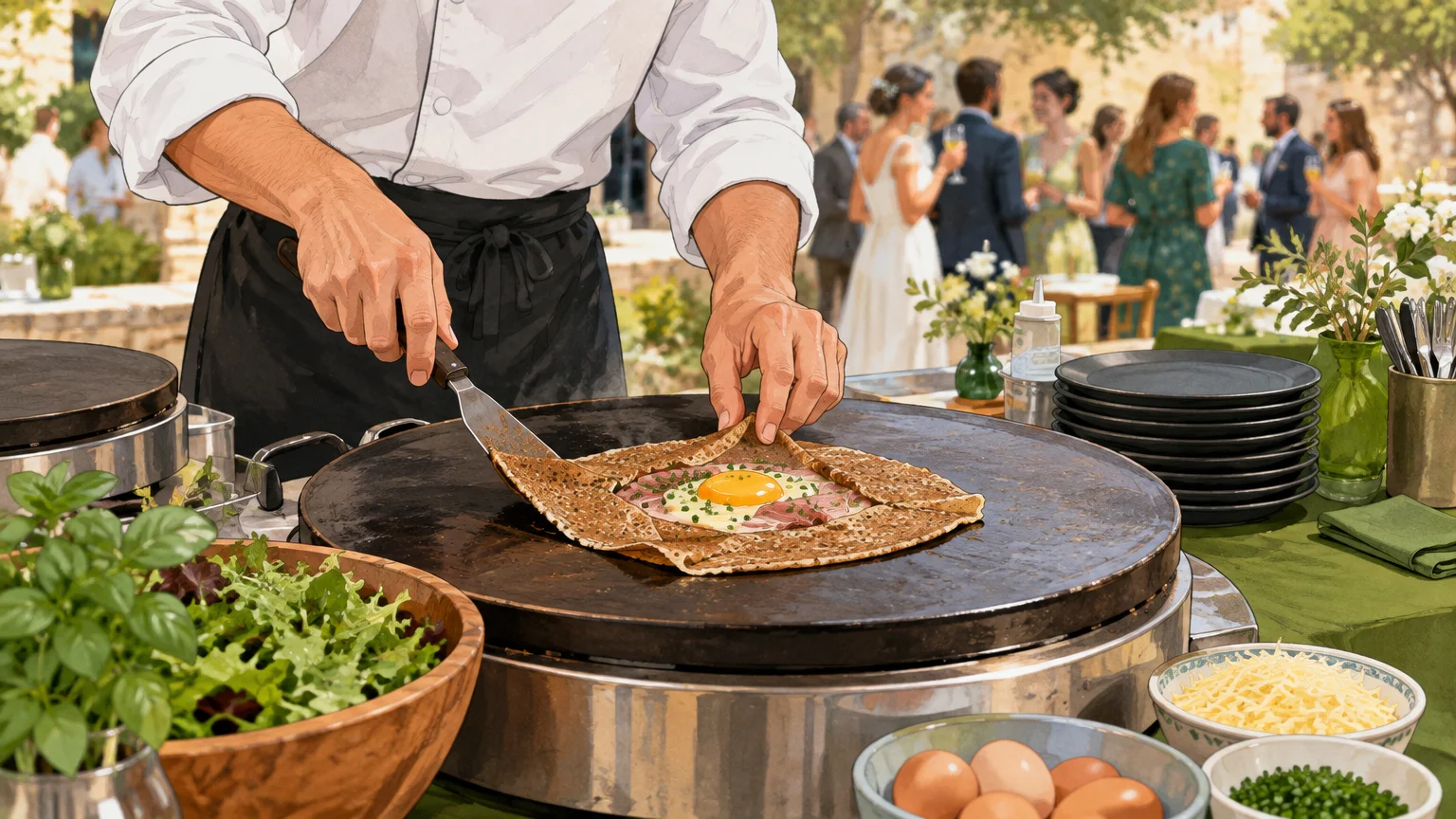 Préparation d’une galette en direct pendant une réception de mariage