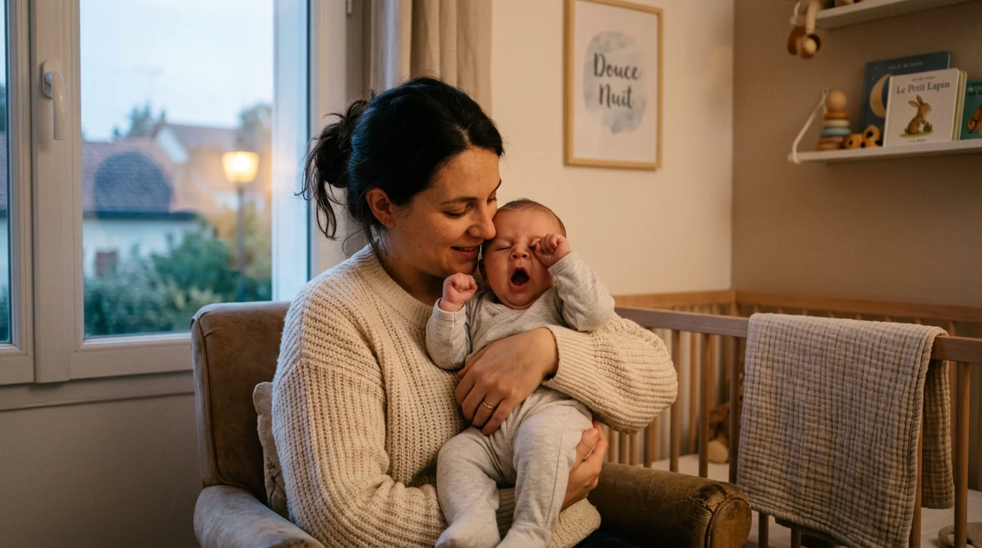 Bébé fatigué qui se frotte les yeux dans les bras de son parent