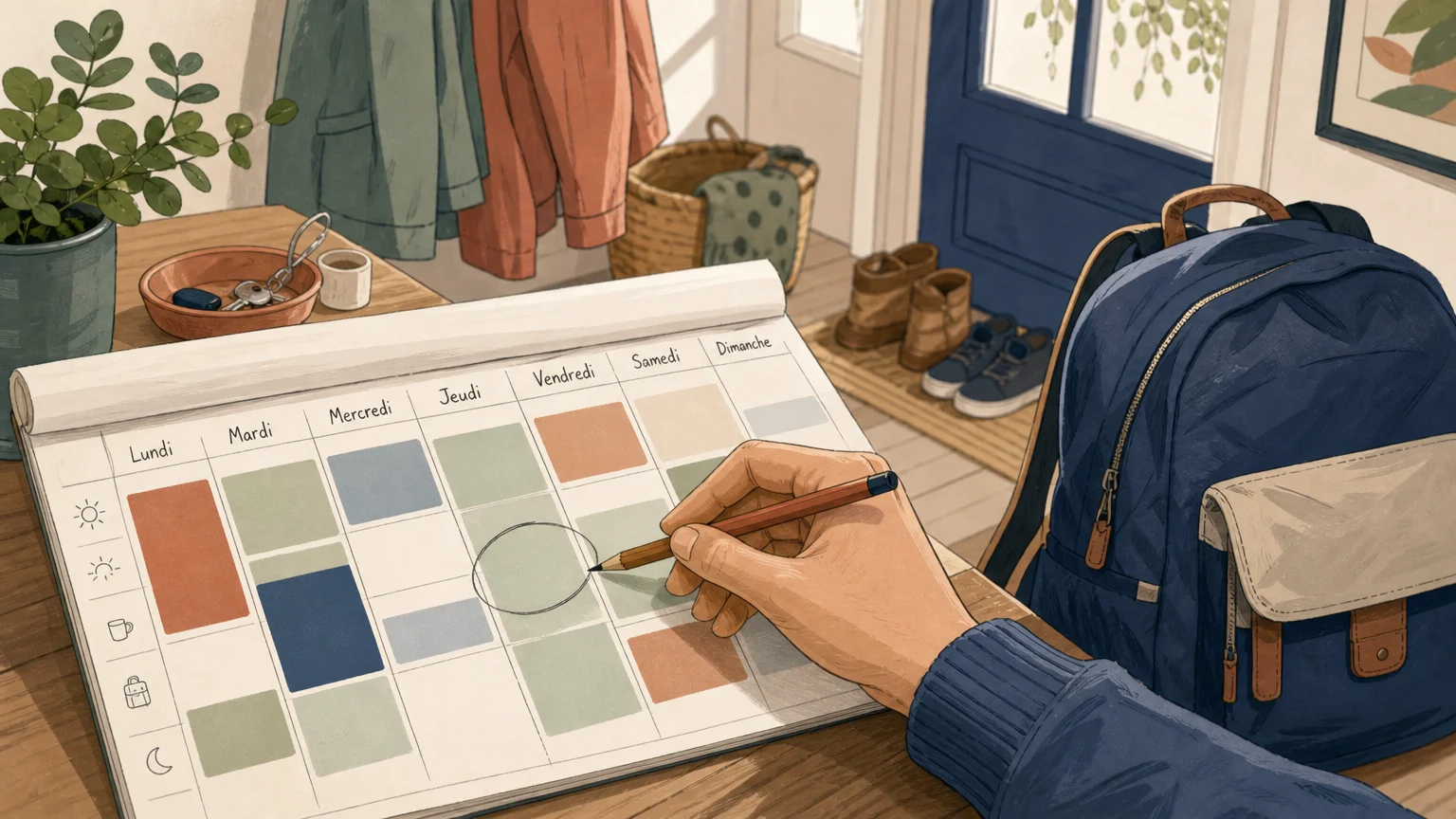 Une main inscrit un jour de transition sur un calendrier papier de garde alternée