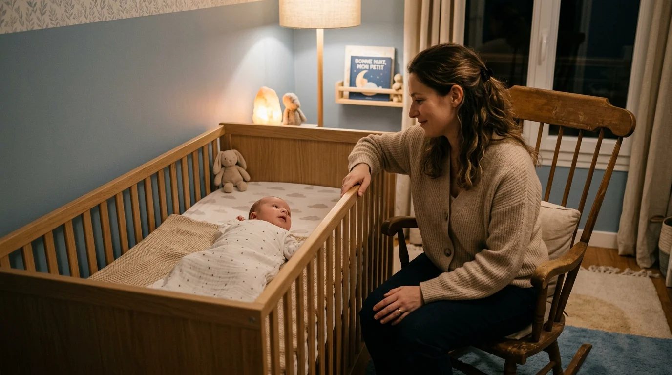 Mère veillant sur son bébé éveillé dans une chambre apaisée la nuit
