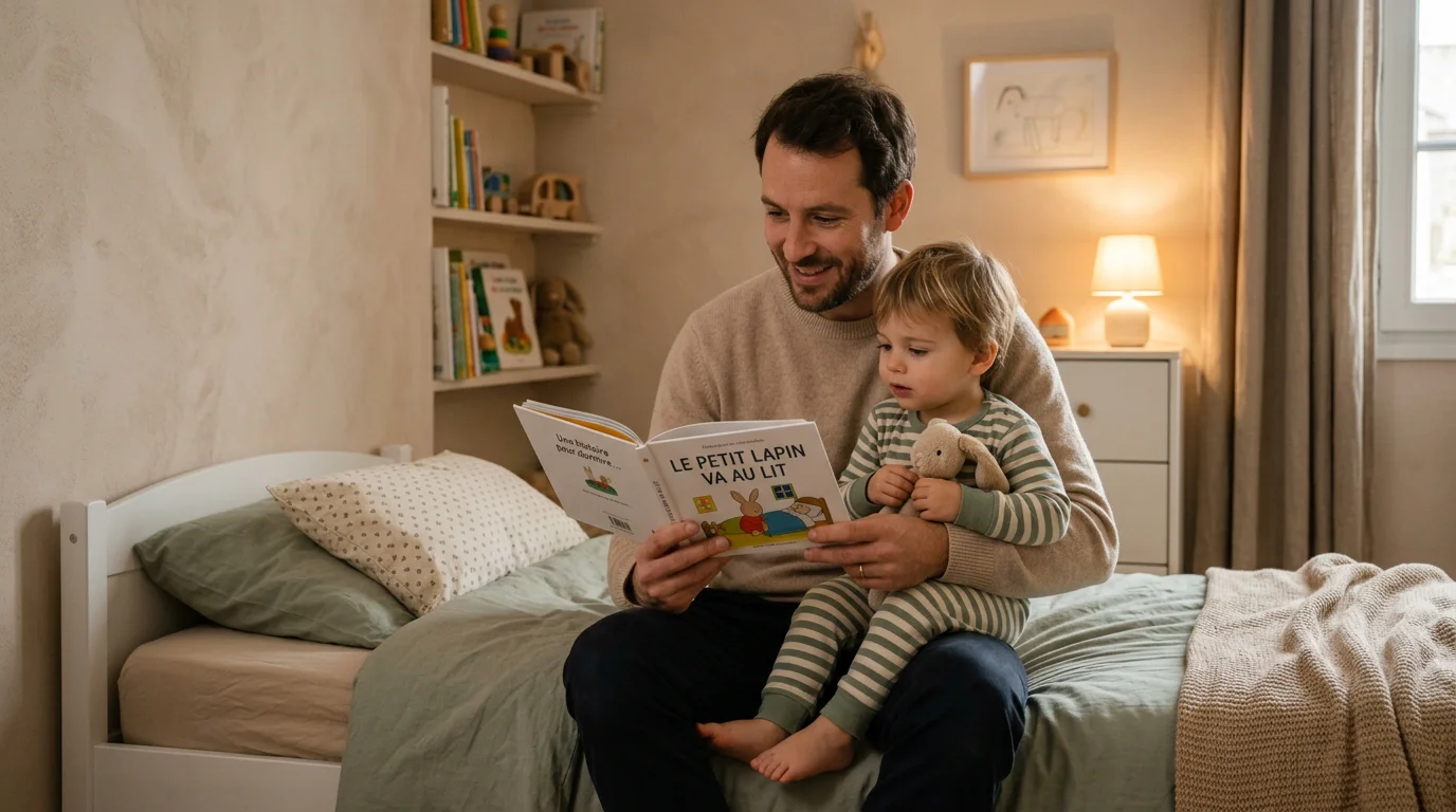 Père lisant une histoire à son jeune enfant lors du rituel du coucher