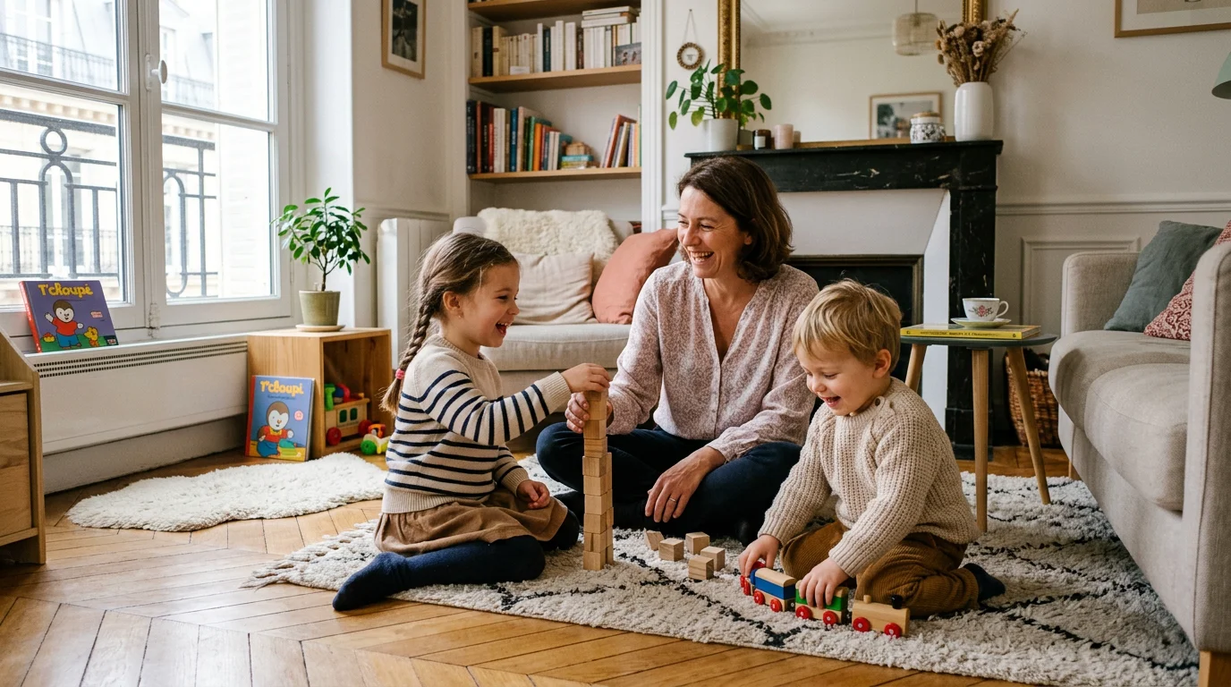 Une nounou joue avec deux jeunes enfants dans un salon lumineux