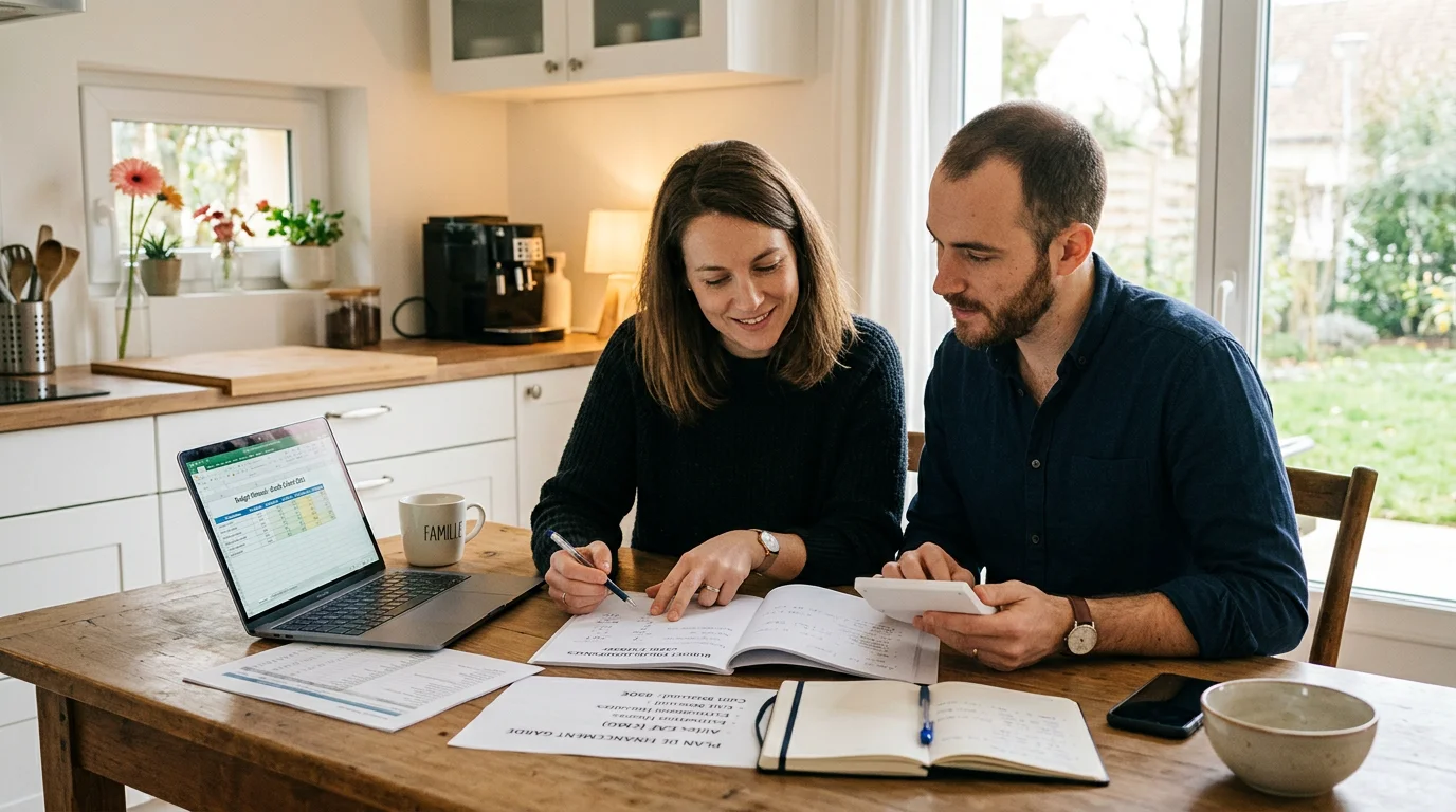 Deux parents calculent le budget de la garde de leur enfant