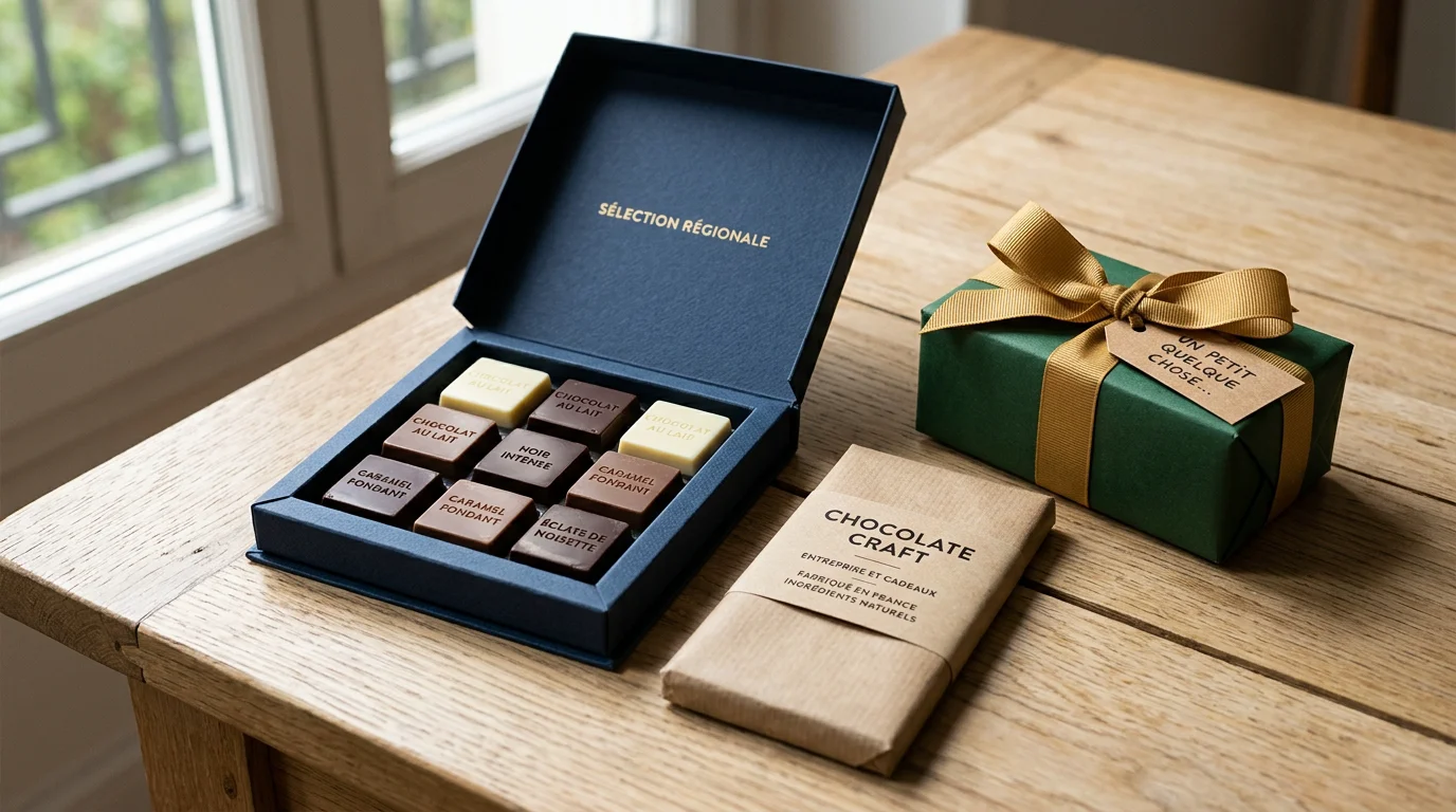 Assortiment de chocolats personnalisés présentés comme cadeaux d'entreprise
