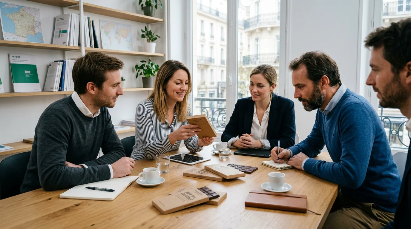 Équipe marketing examinant des chocolats publicitaires éco-responsables en réunion
