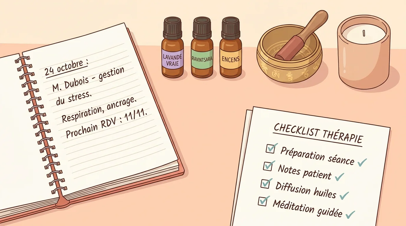 Vue de dessus d'un bureau de thérapeute avec outils sensoriels et checklist éthique