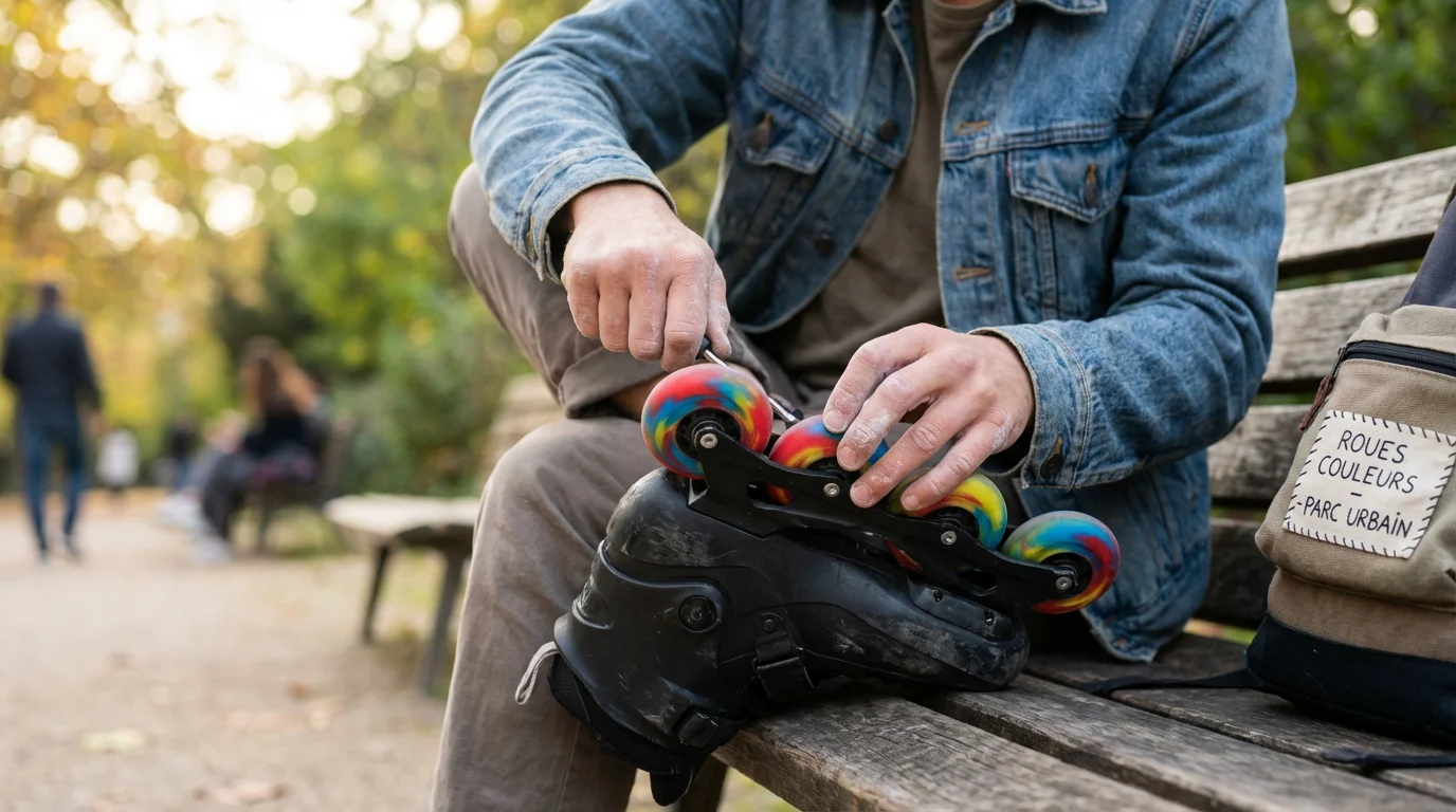 Patineur européen ajustant des roues de roller en polyuréthane dans un parc urbain