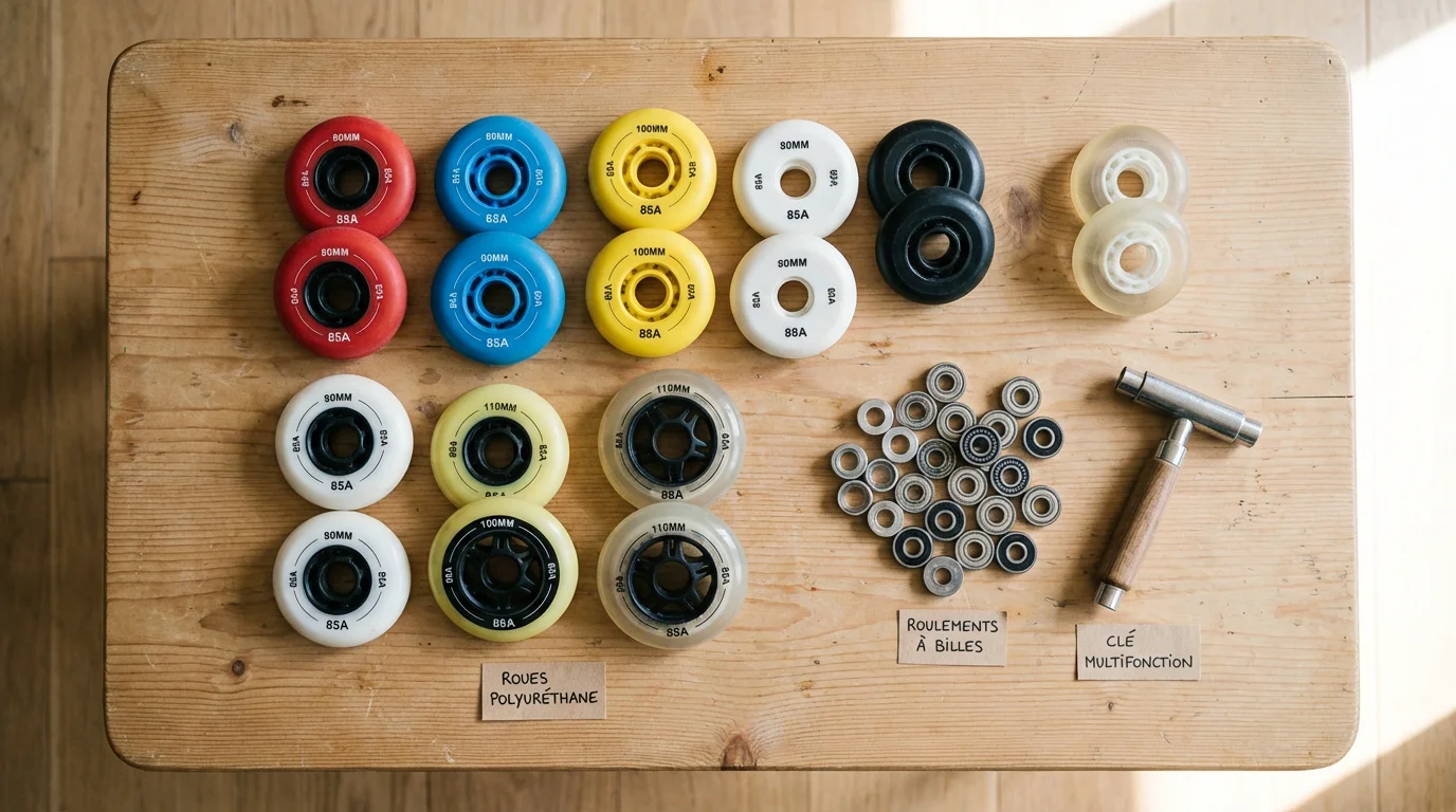 Roues de roller en ligne de différentes tailles disposées à plat avec roulements et outils