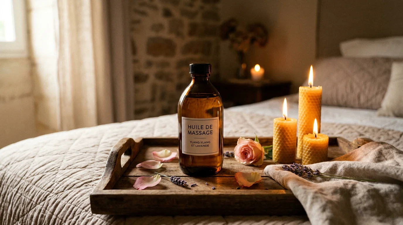 Flacon d'huile de massage comestible posé sur un plateau en bois avec bougies et pétales