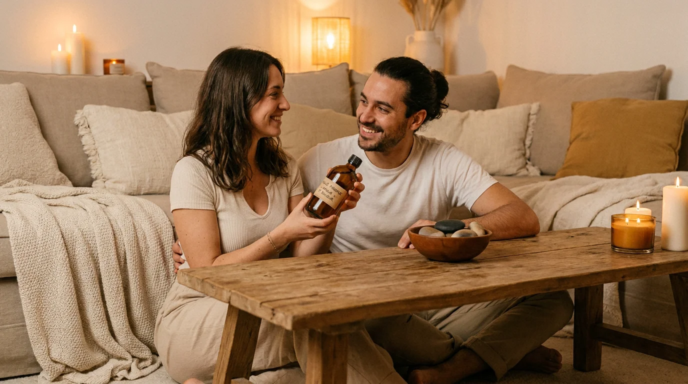 Couple partageant un moment complice avec une huile de massage comestible dans un décor cosy