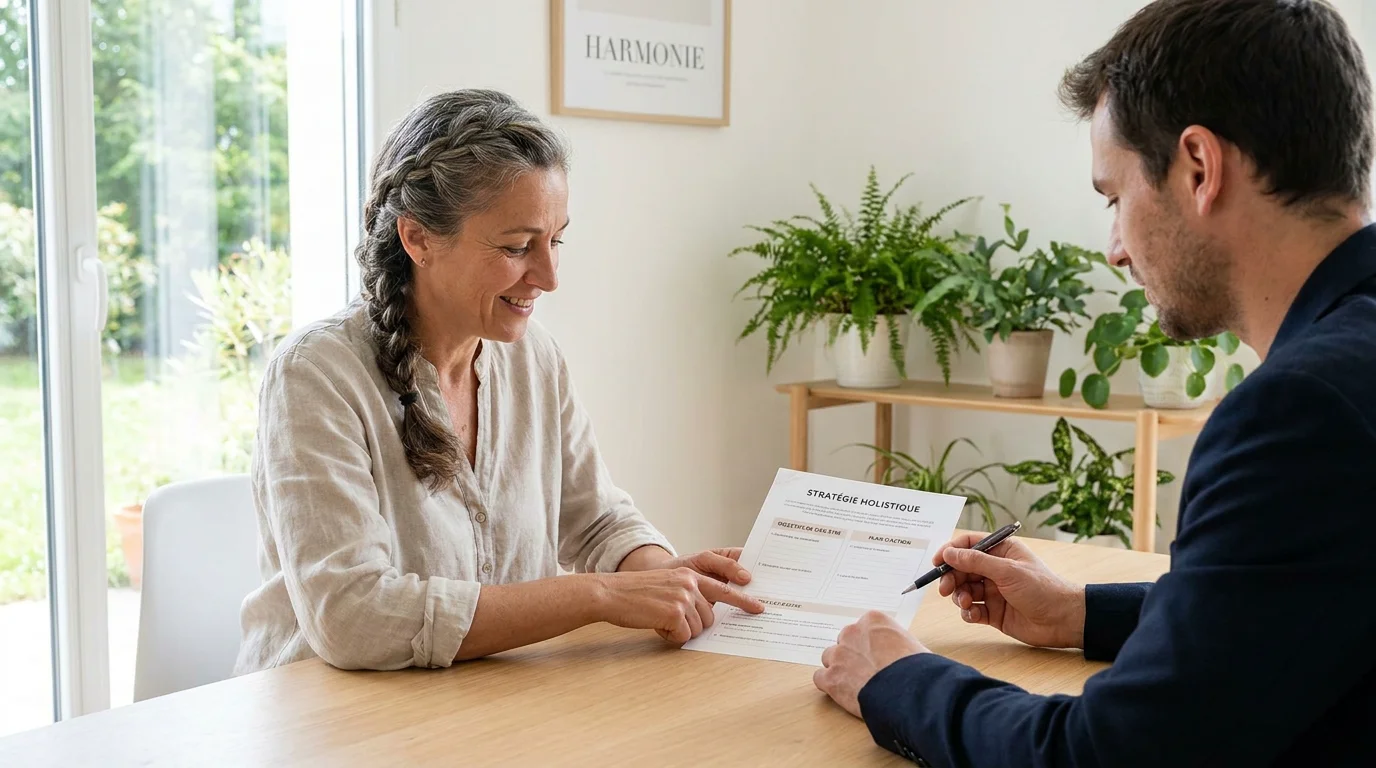 Thérapeute holistique en consultation avec un consultant en stratégie dans un cabinet lumineux