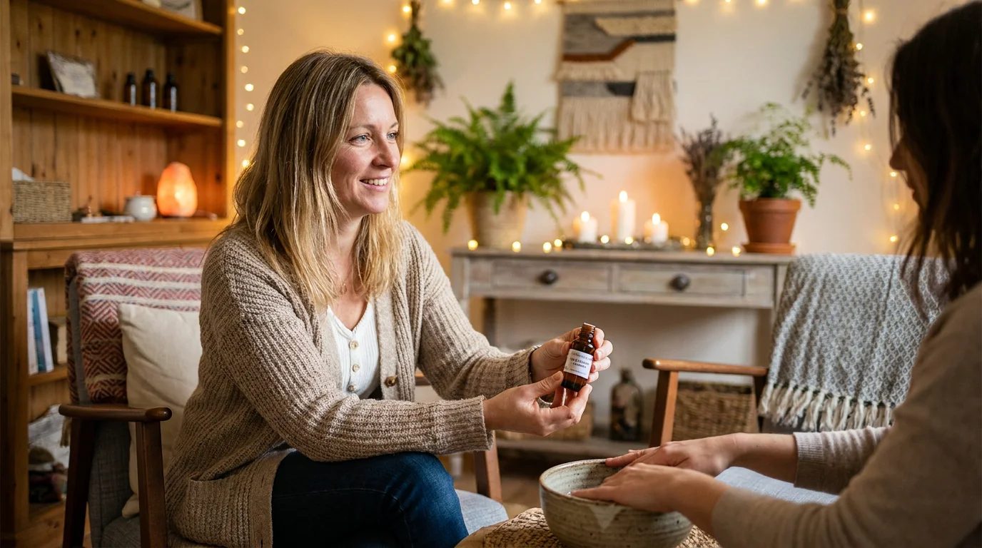 Praticienne holistique utilisant un ancrage olfactif pendant une séance de soin