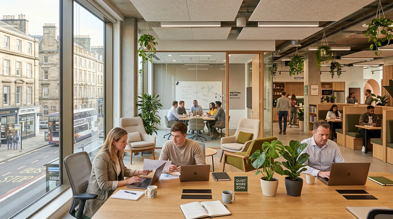 Professionals working together in a modern shared office space in a UK city