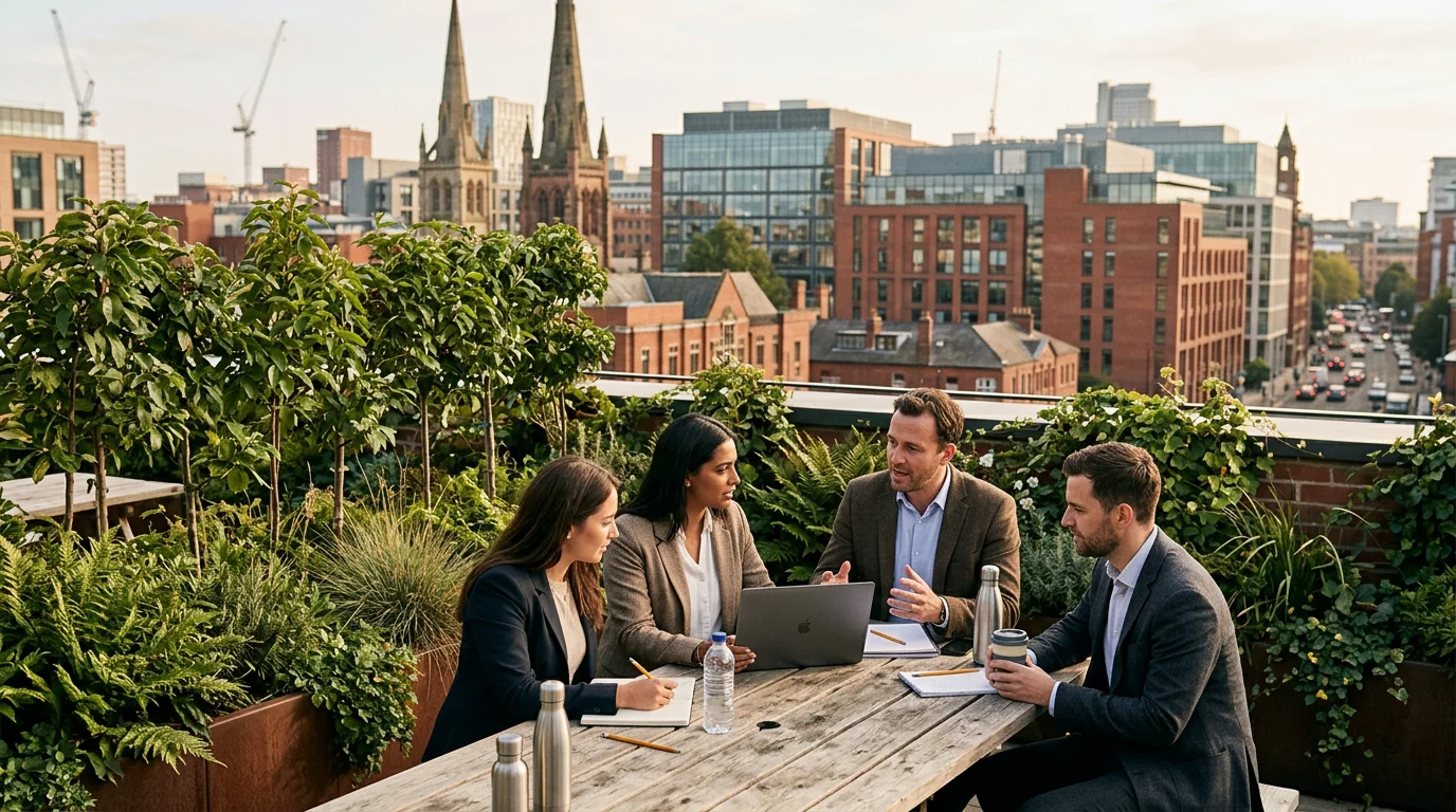 Professionals meeting on a rooftop terrace at a shared office in a UK city