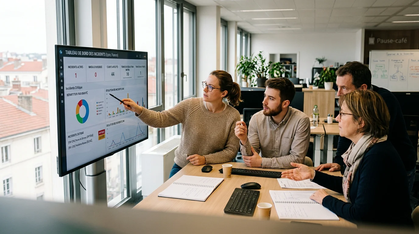 Équipe informatique européenne analysant un tableau de bord de gestion des incidents
