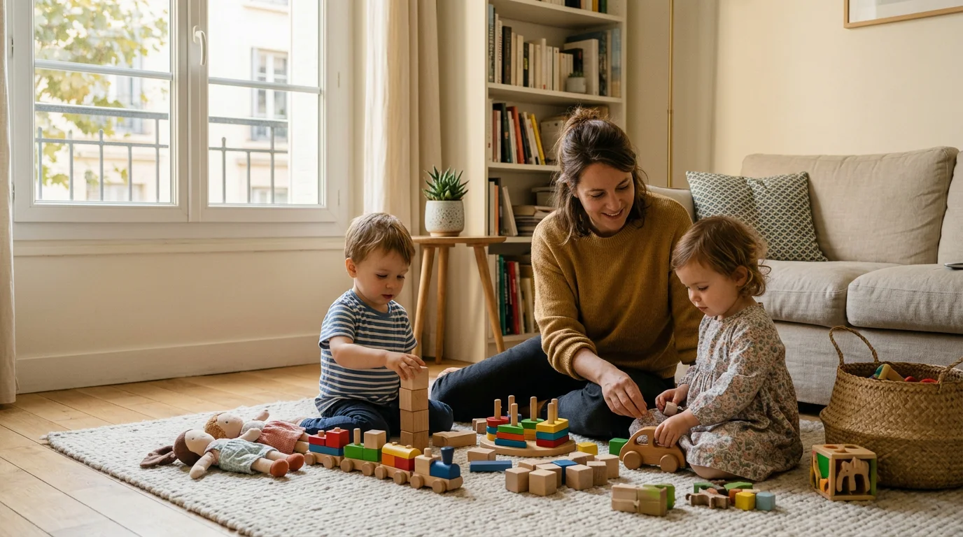 Adulte en reconversion jouant avec deux jeunes enfants dans un salon lumineux